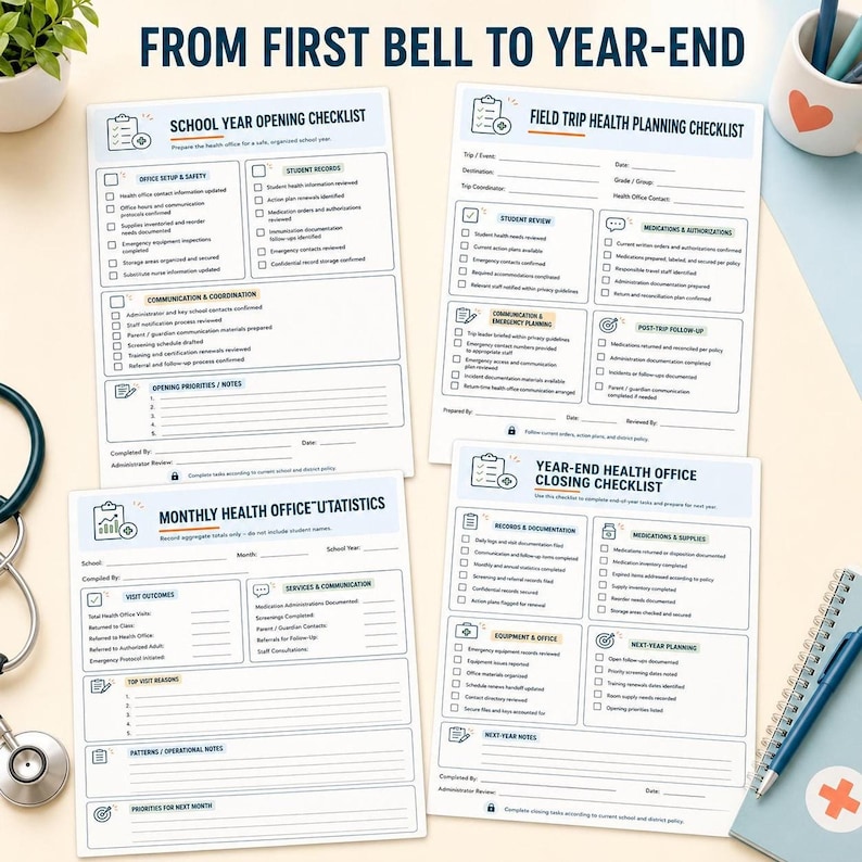 A close-up of two pages from a school nurse planner, titled "FROM FIRST BELL TO YEAR-END" and "FIELD TRIP HEALTH CHECKLIST."