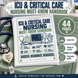 Könnte beinhalten: Ein weißes Handbuch mit dem Titel ICU & Critical Care Nursing Must-Know Handbook mit medizinischen Illustrationen eines Stethoskops, einer Lunge, eines Herzens und eines Monitors. Das Cover enthält Texte wie Bedside Assessment und Patient Safety.