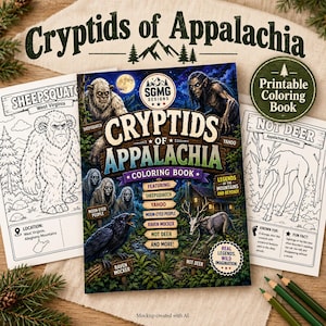 May include: A Cryptids of Appalachia coloring book featuring a dark, illustrated cover with creatures like Sheepsquatch, Yahoo, Moon-Eyed People, Raven Mocker, and Not Deer. Two black and white coloring pages are displayed alongside the main book.