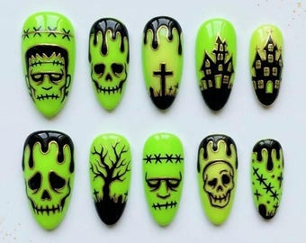 Handmade Neon Horror Press On Nails, Frankenstein & Skull Set, Black Drippy Slime Art, Nails For Bold Spooky Halloween Vibes