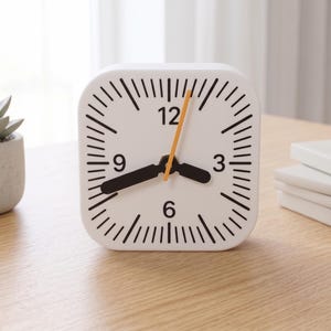 May include: A square white analog clock with a white face, black hour and minute hands, and a thin orange second hand. The clock face features black numerals at the 3, 6, 9, and 12 positions, surrounded by black radial tick marks for each minute.