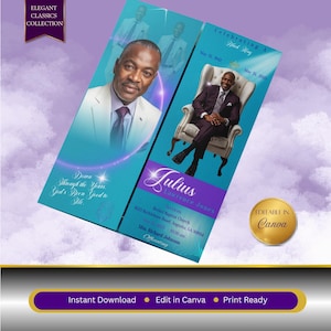 May include: A gatefold obituary program template featuring a teal and purple color scheme. The design includes portraits of a man in a suit, the text 'Celebrating A Black King', 'Julius Lawrence Jones', and service details. A gold 'Editable in Canva' seal is visible.