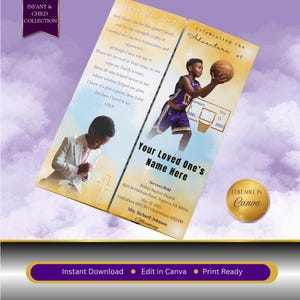 Modello per necrologio di basket "Ballin' in Heaven" / Programma funebre a fisarmonica / Celebrazione della vita modificabile su Canva