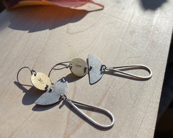 Connected earrings, sterling silver and brass, geometric earrings