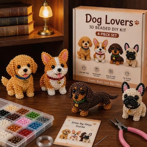 May include: A 3D beaded DIY kit for dog lovers featuring a box with four dog illustrations, a step-by-step guide, a clear plastic organizer filled with colorful beads, a spool of wire, pliers, and four finished beaded dog figurines.