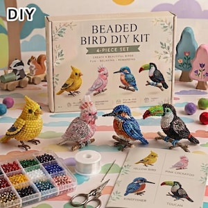 May include: A beaded bird DIY kit featuring a cardboard box labeled BEADED BIRD DIY KIT 4-PIECE SET, four finished beaded bird figurines, a plastic organizer with colorful beads, a spool of clear thread, scissors, and an instruction sheet.