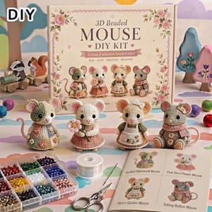 May include: A 3D Beaded Mouse DIY Kit box featuring four finished beaded mouse figures. The kit includes a clear plastic organiser with colourful beads, a spool of thread, a metal needle, and an instruction booklet showing four mouse designs.