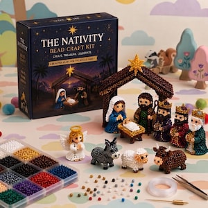 May include: A nativity bead craft kit featuring a dark blue box with gold text, a completed beaded nativity scene with figures of Mary, Joseph, baby Jesus, three kings, an angel, a donkey, a sheep, and a cow, plus a bead organiser and tools.