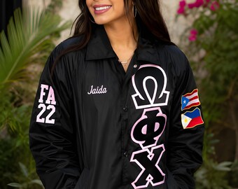 Omega Phi Chi Greek Line Jacket, Greek Letter Varsity Jacket,  Fraternity Sorority Jacket, Nylon Bomber Jacket, Custom Greek Life Jacket,