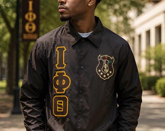 Giacca Iota Phi Theta Greek Line, giacca universitaria con lettere greche, giacca da confraternita/sorellanza, giacca bomber in nylon, giacca personalizzata Greek Life,