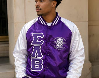 Chaqueta griega Sigma Lambda Beta, chaqueta universitaria con letras griegas, chaqueta de fraternidad/hermandad, chaqueta bomber de satén, chaqueta griega personalizada,