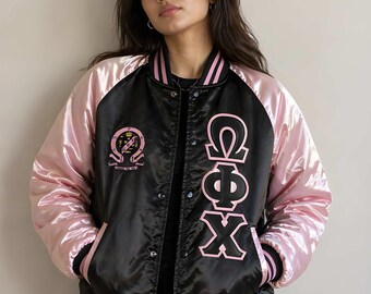 Veste Omega Phi Chi, veste universitaire à lettres grecques, veste de fraternité/sororité, blouson aviateur en satin, gilet de sauvetage grec personnalisé