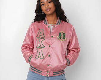 Chaqueta griega Alpha Kappa Alpha, chaqueta universitaria con letras griegas, chaqueta de fraternidad/hermandad, chaqueta bomber de satén, chaqueta griega personalizada,