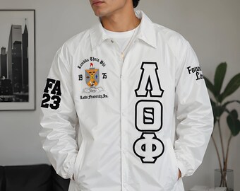 Giacca Lambda Theta Phi Greek Line, giacca universitaria con lettere greche, giacca da confraternita/sorellanza, giacca bomber in nylon, giacca da vita greca personalizzata,