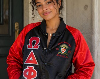 Chaqueta griega Omega Belta Phi, chaqueta universitaria con letras griegas, chaqueta de fraternidad/hermandad, chaqueta bomber de satén, chaqueta de vida griega personalizada,