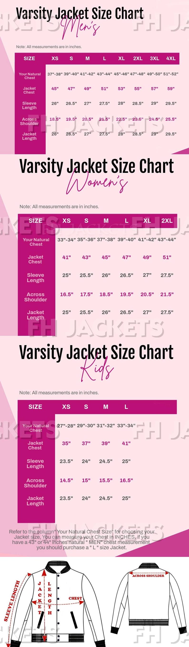 May include: A black and white line drawing of a jacket with a collar, long sleeves, and front pockets. Red arrows indicate measurement points for body width, body length, and sleeve length. A sizing chart provides measurements in inches for sizes S to 5XL.