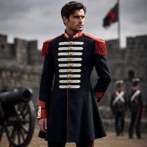 Veste en laine d'officier grenadier du Royal Regiment, confectionnée à la main ; tunique militaire ; uniforme de reconstitution historique ; manteau de parade.