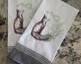 Embroidered Fox Kitchen Towel: Whimsical Woodland Decor