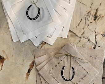 Embroidered Horseshoe Linen Cocktail Napkins - Set of 6