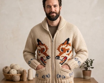 Wolf Nordic Knit Cardigan Sweater | Zip Up Wool Blend Jacket | Unisex Winter Streetwear