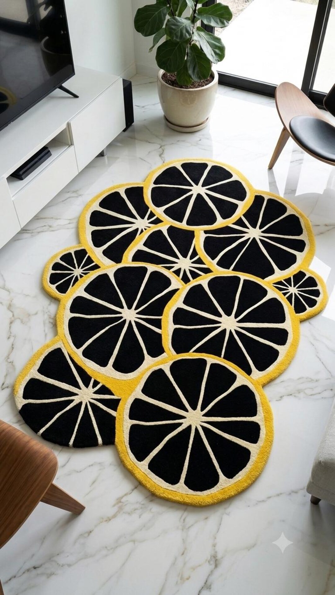 Lemon Slice Rug, Black Yellow Tufted Area Rug, Unique Citrus Fruit ...