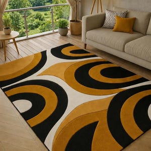 Luxury Geometric Runner Rug, Modern Black Gold Area Rug, Abstract Circle Pattern Carpet, Hand Tufted Hallway Runner, Contemporary Home Decor