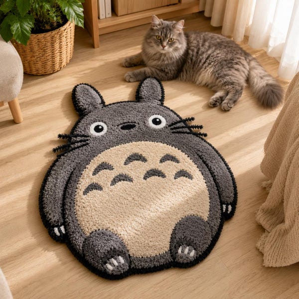 Handmade Totoro Tufted Rug, Anime Inspired Wall Decor, Cozy Fabric Art, Whimsical Room Accent