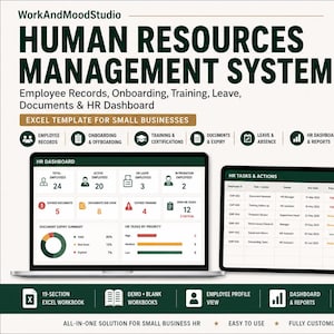 Pode incluir: Um modelo de Excel para sistema de gestão de recursos humanos para pequenas empresas. O ecrã mostra um painel de RH, lista de tarefas, base de dados de funcionários e formulário de informações imprimível em verde escuro e branco.