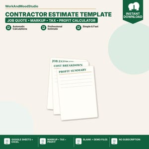 Może przedstawiać: Cyfrowy szablon kosztorysu dla wykonawców z ciemnozielonym tekstem na jasnym tle. Dokument zawiera sekcje oznaczone jako Job Estimate, Cost Breakdown i Profit Summary. Wyróżnia funkcje takie jak automatyczne obliczenia, marża, podatek i kalkulator zysku, kompatybilny z Google Sheets i Excel.