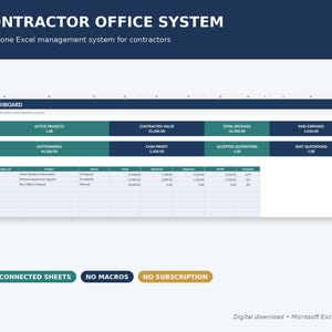 Plantilla de Excel para sistema de oficina de contratistas: gestión de proyectos, presupuestos, gastos y panel de control de ganancias.