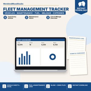 Fleet Management Tracker | Google Sheets, Excel | Maintenance, Fuel, Mileage, Expenses (Digital Download)