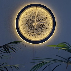 Reloj de pared lunar – Decoración lunar iluminada, retroiluminación LED USB, reloj moderno