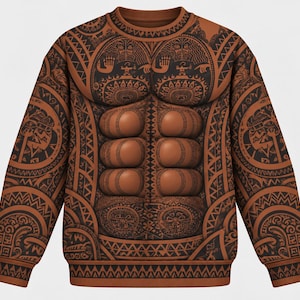 Puede incluir: Una sudadera de manga larga con cuello redondo en tonos marrones que presenta un gráfico impreso de un torso musculoso con abdominales marcados. El diseño está superpuesto con intrincados patrones tribales negros, formas geométricas y motivos circulares.