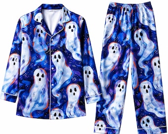Halloween spöke satin pyjamas set, läskiga blå spökepyjamas, långärmade Halloween-pyjamas, matchande höstsovkläder, Halloweenpresent