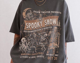 Halloween-t-shirt med spöklikt utseende, Salem-häxa och skräcktröja, dansande skelett och spöke, Frankenstein-monster för Halloween