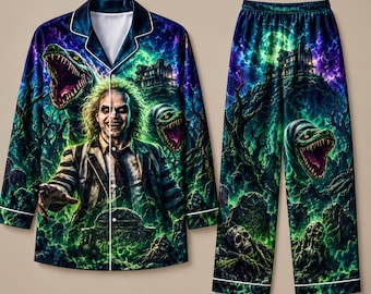 Beetlejuice pyjamas familjematchningset, läskiga Halloween-inspirerade pyjamasar, Halloween familjepyjamas, kusliga matchande pyjamasar