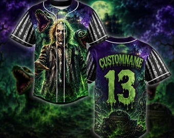Personlig Beetlejuice basebolltröja, anpassad Halloween-tröja med namn och nummer 13, skräckfilmsinspirerad tröja, kuslig gotisk basebolltröja