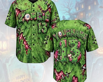 Personlig zombiebasebolltröja, lagmatchande Halloweentröja, läskig grön monstertröja, Halloween-lagtröja, kostympresent