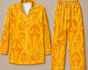 Halloween spökansikte familjematchande pyjamas, orange satin pyjamaset, läskiga familjepyjamas, Halloween nattkläder, matchande familjepyjamas