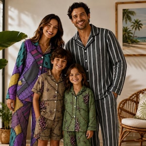 May include: A family wearing matching pajama sets. One set features a purple, teal, and yellow patchwork pattern. Another set is dark gray with white vertical stripes. The remaining two sets are tan and green with dark floral vine patterns.
