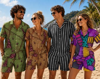 Halloween matchande kostym Hawaii-set, läskig lapptäcke-skjorta och shorts, Halloween-pyjamas för par, matchande semesteroutfit för familjen
