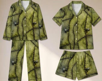 Grönt broderat monsterpyjamasset, Halloween-skräckpyjamas i satin, läskiga monsterhudssömnar, läskiga långa och korta pyjamasar