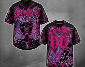 Personlig skelettbasebolltröja, anpassad namnnummer rosa gotisk tröja, dödskalle grunge basebolltröja, skräck Halloween-lagtröja