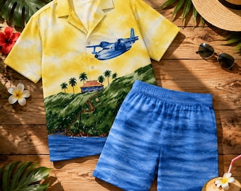 Tropisk sjöflygplansö Hawaiiskjorta, akvarell strandsemesterskjorta, Aloha sommar matchande set, tropisk present