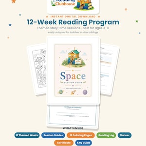 Op de afbeelding: Een 12-weken leesprogramma als digitale download genaamd The Reading Clubhouse. De set bevat een sessiegids met ruimtethema, kleurplaten, een leeslogboek, een planner, een certificaat van voltooiing en een FAQ-gids voor kinderen.