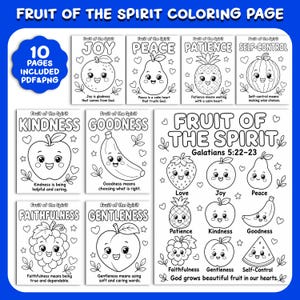 Puede incluir: Un conjunto de 10 páginas para colorear Fruit of the Spirit en formatos PDF y PNG. Cada página presenta dibujos lineales en blanco y negro de frutas sonrientes con etiquetas de texto como Joy, Peace, Patience, Self-Control, Kindness y Goodness.