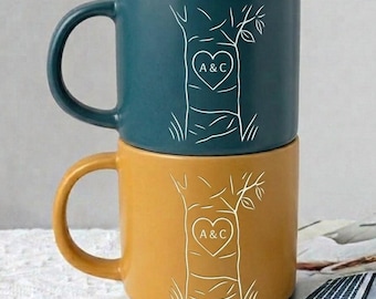 5th Anniversary Custom Gift Personalized Pottery Mug 9th 9 Year Customized Bride Mugs Wedding Newlywed For Couple Carved Initials In Tree