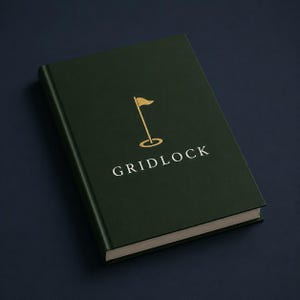Può includere: Un libro con copertina rigida verde scuro con una grafica stampata in lamina d'oro raffigurante una bandiera da golf in una buca sopra la parola GRIDLOCK in lettere maiuscole. Il libro ha una finitura opaca liscia ed è posizionato ad angolo.