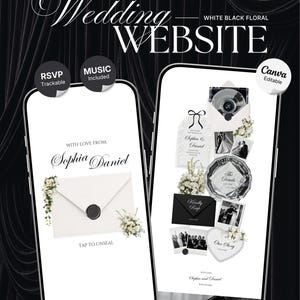 Modello di sito web per matrimoni in bianco e nero con RSVP, musica e conto alla rovescia: Modello di sito web per matrimoni (download digitale)