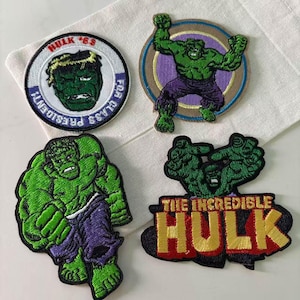 May include: Four embroidered patches featuring the Hulk. One circular patch reads HULK '68 FOR CLASS PRESIDENT. Another shows the Hulk in a circular frame. A third shows the Hulk in a dynamic pose. The fourth features the text THE INCREDIBLE HULK.